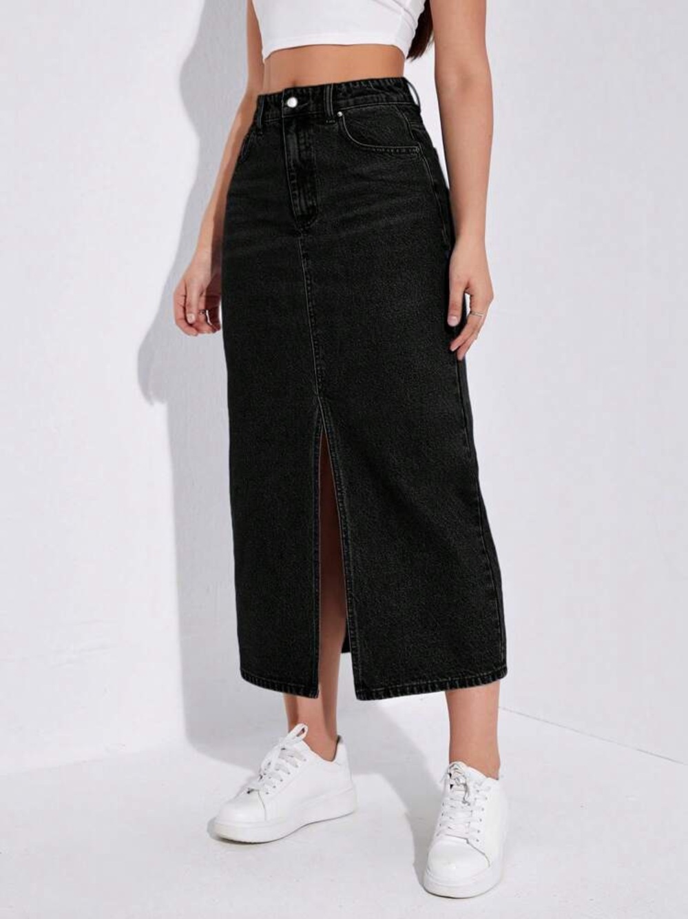 SHEIN Black Denim Skirt with Center Slit S|US 4